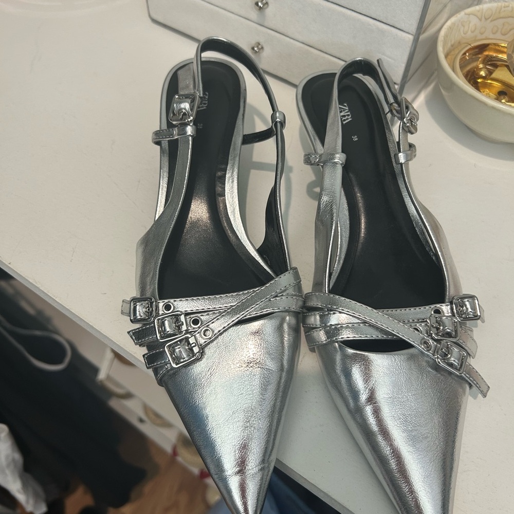 Zara Silver Pointed Slingback Heels